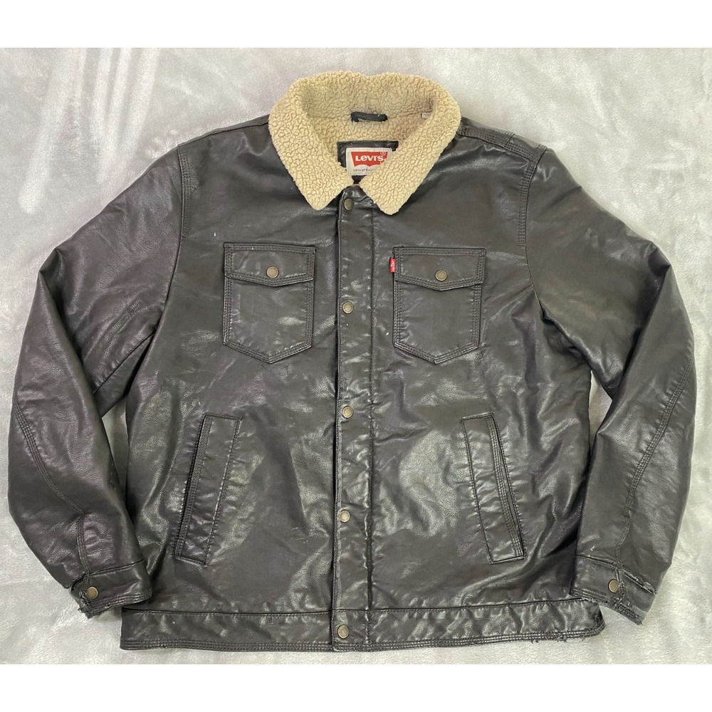 Levis Faux Leather Sherpa Bomber Flight Jacket Men XL Chocolate Brown Distressed